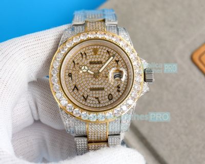 Swiss Rolex Iced Out Datejust Copy Watch 42mm 2-Tone Gold Diamonds Bezel